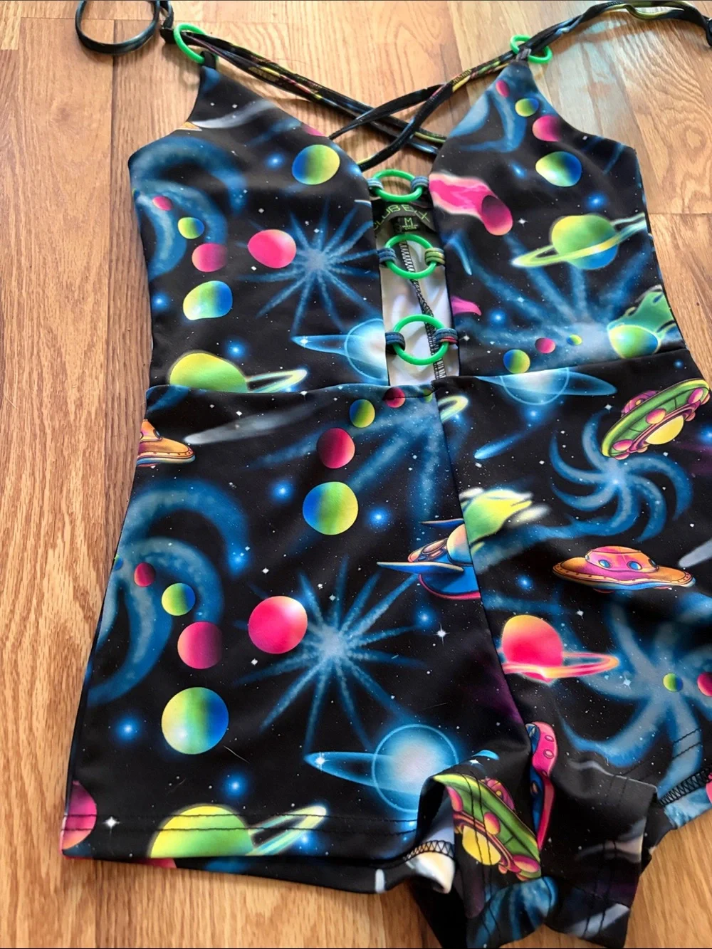 CLUB EXX ✨Dolls Kill RAVER Space-babe Black and neon Romper Shorts. NWOT - Picture 3 of 9